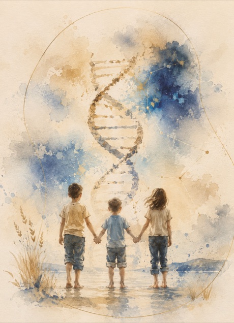 Aquarell: Eine goldene DNA-Spirale leuchtet in der Tiefe